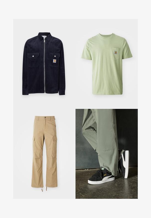 Veste en velours côtelé bleu marine avec une fermeture éclair à l'avant, deux poches poitrine, des pressions argentées et une petite étiquette de marque sur la poche gauche.; T-shirt vert clair à manches courtes en tissu doux, comportant une poche poitrine avec une patch logo carré. Design simple et dépouillé.; Pantalons cargo kaki en tissu durable, dotés de plusieurs poches latérales, d'une coupe droite et de cordons de serrage réglables à l'ourlet.; Baskets en daim noir avec des semelles en caoutchouc blanc et des rayures sur les côtés, associées à un pantalon cargo vert clair, posées sur une surface sombre texturée.