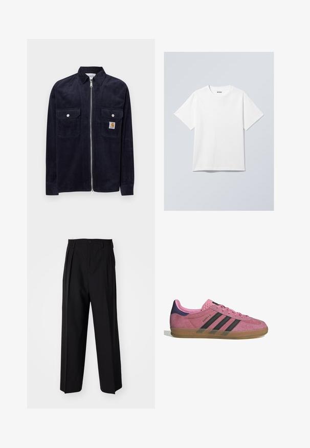Giacca in corduroy blu navy con zip frontale, due tasche sul petto, bottoni a pressione argentati e un piccolo etichetta di marca sulla tasca sinistra.; Maglietta bianca in cotone con collo rotondo, maniche corte e vestibilità comoda. Presenta un'etichetta di marca con la scritta "WEEKDAY" sul collo.; Pantaloni neri a pieghe con un design dritto e gamba larga. Realizzati in tessuto morbido, con chiusura a bottone e passanti per cintura.; Sneaker in suede rosa con strisce nere, suola in gomma e tallone texturizzato viola. Presenta un design con lacci e un marchio in rilievo sul lato.