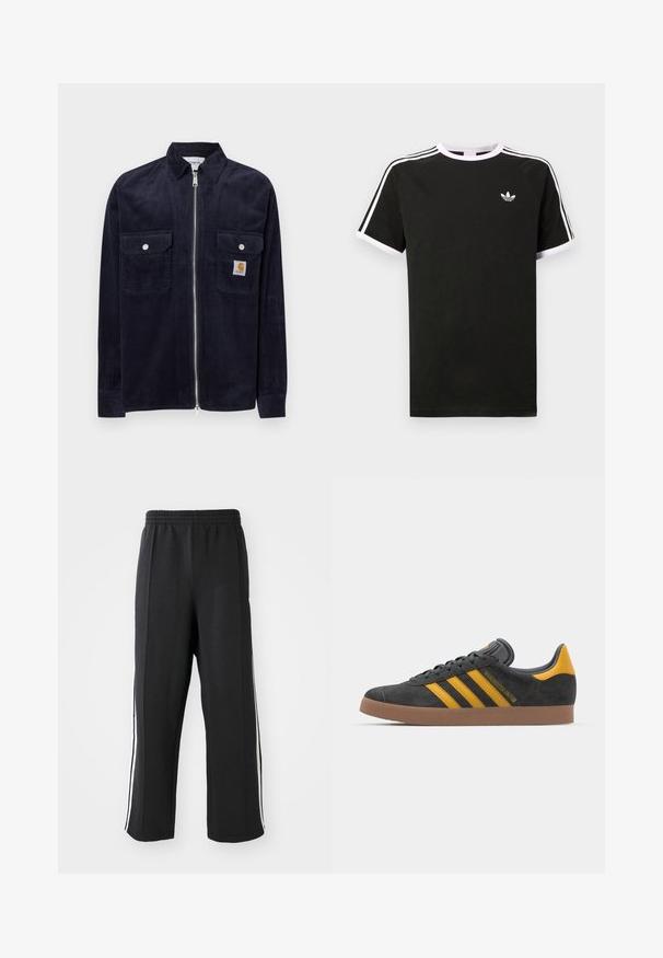 Navy corduroy jacket with a front zipper, two chest pockets, silver snaps, and a small branded tag on the left pocket.; Black t-shirt made of cotton with white accents. Features short sleeves, raglan design, and a small logo on the chest. Three white stripes on shoulders.; Black sweatpants with an elastic waistband, featuring white side stripes and a relaxed fit. Made from soft, stretchy fabric.; Black suede sneaker with yellow accents, featuring three stripes and a brown rubber sole. Includes a padded tongue for comfort.