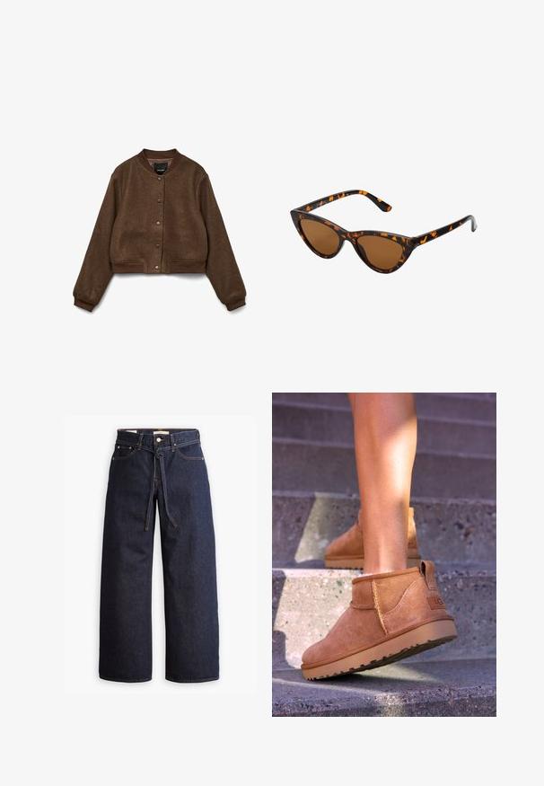 Brown cropped jacket made of textured fabric, featuring a round collar, snap-button closure, and ribbed cuffs and hem.; Beige turtleneck sweater made of soft fabric, featuring a ribbed collar and hems, relaxed fit, and long sleeves. Smooth texture, minimal design.; Wide-leg dark blue denim jeans with a high waist, featuring a drawstring tie, five pockets, and contrasting stitching details.; Tan suede ankle boots with a soft texture, stitched detailing, and a rubber sole, featuring a looped heel for easy wear.; Cat-eye sunglasses with a black and orange tortoiseshell frame, brown lenses, and sleek, pointed tips. Features a minimal logo on the temple.