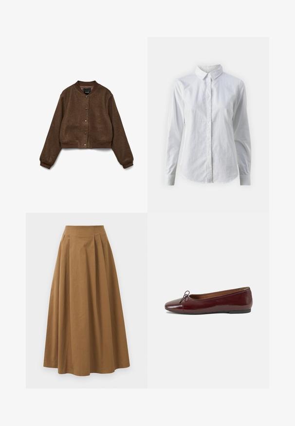 Brown cropped jacket made of textured fabric, featuring a round collar, snap-button closure, and ribbed cuffs and hem.; White button-up shirt made of smooth cotton, featuring a classic collar, long sleeves, and a curved hem. Buttons are small and white.; Brown cotton A-line skirt with a high waist, featuring pleats down the front and a smooth texture. Hem finishes are clean and simple.; Burgundy patent leather ballet flat with a rounded toe, small bow accent at the front, and a low, black rubber sole. Smooth texture.