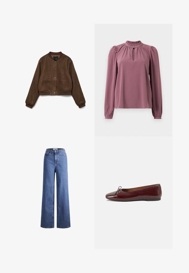 Rudas perpekta trumpa striukė, pagaminta iš tekstūruoto audinio, su apvaliu apykakle, spaudžiamais mygtukais ir gipiūriniais rankogaliais bei apatine dalimi.; Ilga rankovė mauve spalvos bluzonė su surinkta apykakle, raktų skylutės iškirpte su mygtuko uždarymu ir šiek tiek pūstomis petnešomis.; Šviesiai mėlynos džinsinės kelnės plačiu sijonu ir aukštu liemeniu, su dviem priekinių kišenių ir matomu siuvimu. Su mygtuko ir užtrauktuko uždarymu.; Bordo lakiotos odos baleto bateliai su apvalia nosimi, maža kaspinėlio akcentu priekyje ir žema juoda guma padanga. Lygi tekstūra.