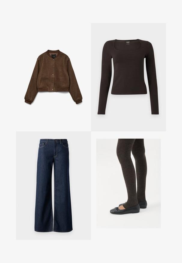 Smeđi skraćeni kaput od teksturiranog materijala, s okruglim ovratnikom, zatvaranjem na dugmad i rebrastim manžetama i rubom.; Crna majica dugih rukava, uskog kroja s kvadratnim izrezom, označena s GAP, prikazana na bijeloj pozadini.; Široke traperice u tamnoplavoj denim boji. Sadrže kontrastno šivanje, pet džepova i kopčanje na dugme u struku. Glatka tekstura.; Crne ravne cipele s malim mašnom na vrhu prstiju, uparene s tamnosmešnim rebrovanim čarapama. Cipele imaju glatku teksturu i nizak profil.