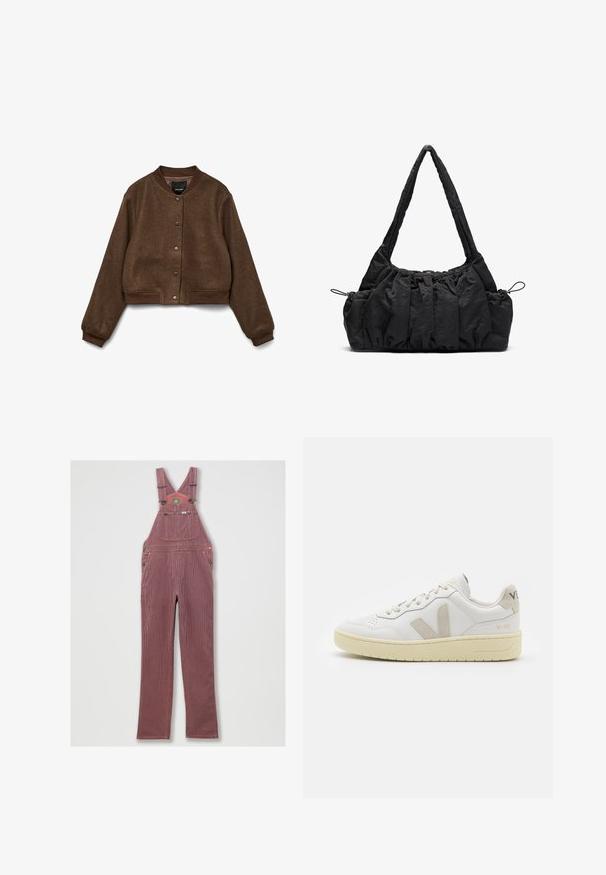 Brūna īsā jaka, izgatavota no teksturēta auduma, ar apaļu apkakli, sprādzējamām pogām un ribotām aprocēm un apakšmalu.; Kopš topa no off-white adīšanas materiāla. Garas piedurknes ar ribu tekstūru un maziem izgriezumiem ap kaklu.; Sarkans svītrots džinsu kopēja ar regulējamām plecu siksnām, lielu priekšējo kabatu un sānu kabatām. Iezīmē metāla aksesuāri un izšūta apmale.; Baltas ādas sporta apavu pāris ar bēšiem zamša akcentiem, caurumiņu purngalā, plakanu šņorēšanu un teksturētu krēmkrāsas zoli. Iezīmējas ar diskrētu zīmolu uz papēža.; Melnas auduma rokassoma ar sakrautu tekstūru, divām plecu siksnām un nostiprināšanas auklām sānos. Gluds, viegls materiāls.