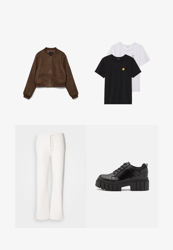 Bruine cropped jas van textuurstof, met een ronde kraag, drukknoopsluiting en ribgebreide manchetten en zoom.; Zwart-witte T-shirts, ronde hals, korte mouwen. Het zwarte shirt heeft gele zon-geborduurde details; het witte shirt heeft een purperen halve maan accent.; Witte, relaxed-fit joggingbroek van zachte stof, met een elastische tailleband en een trekkoord, en een rechte pijp.; Zwarte leren platform schoenen met een stevige blokhak, ronde neus en een traditionele vetersluiting. Kenmerkt zich door een gladde textuur en minimale details.