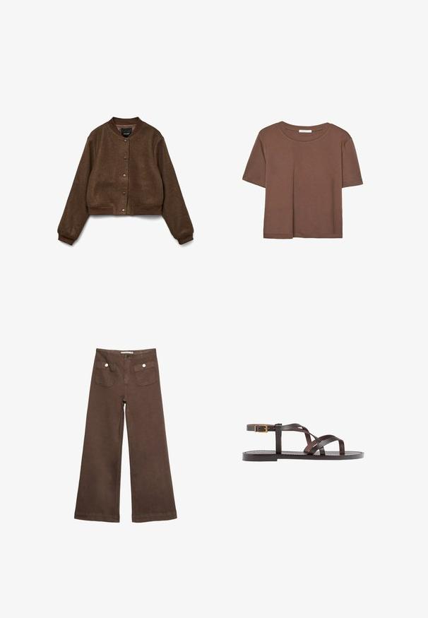 Braune cropped Jacke aus Textil, mit runder Kragen, Druckknopfverschluss und gerippten Bündchen und Saum.; Braunes, kurzärmliges T-Shirt aus weichem Material mit rundem Halsausschnitt und lockerer Passform. Keine sichtbaren Muster oder Akzente.; Braune weit geschnittene Hosen aus Baumwolle, mit zwei Fronttaschen mit silbernen Knöpfen und einer glatten Textur.; Braune Leder-Sandale mit überkreuzten Riemen, einem Knöchelriemen mit Schnalle und einer flachen Sohle mit minimalen Nähdetails.