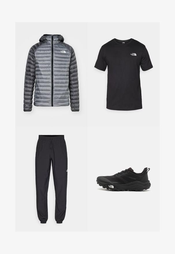Polstret jakke i gradient grått materiale med glidelås foran, hette og logo detalj på brystet. Har et kanalkviltet design.; Svart kortermet t-skjorte laget av bomull, med rund hals og en liten hvit logo på øvre venstre brystområde.; Sorte idrettsbukser laget av lett stoff, med snor i livet, sidelommer og smale mansjetter ved anklene.; Svart terrengløpesko med teksturert overdel, gummisåle og forsterket tåhette. Har polstret krage og løftestropp for enkel påkledning.