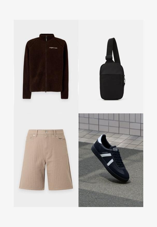 Ruskea fleece-takki, jossa on korkea kaulus, täyspitkä vetoketju ja hienovarainen logo rinnassa. Pehmeä, teksturoitu kangas, joka istuu tiiviisti.; Vihreä puuvillapaita, jossa on teksturoitunut geometrinen kuvio. Ominaisuuksiin kuuluu ribattu pyöreä kaula-aukko ja pieni logo rinnassa.; Beiget tekstuurikankaasta tehdyt shortsit, joissa pystysuorat raidat, vyötärönauhassa etuknappi ja sivutaskut.; Mustat nahkakengät valkoisilla raidoilla, teksturoitu kumipohja ja nauha edessä. Varustettu merkkitarralla kielen päällä.; Musta olkalaukku, joka on valmistettu kestävästä kankaasta. Laukussa on yksi säädettävä olkahihna, vetoketjulla suljettava pääosasto ja etutasku.