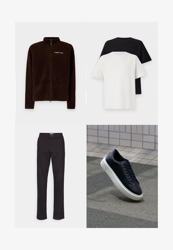 Brązowa polarowa kurtka z wysokim kołnierzem, pełnym zamkiem błyskawicznym oraz subtelnym logo na klatce piersiowej. Miękki, strukturalny materiał o dopasowanym kroju.; Zestaw bawełnianych t-shirtów zawierający czarną i białą koszulkę, obie z krótkimi rękawami, okrągłym dekoltem i standardowym krojem. Teksturowana tkanina.; Czarne bawełniane spodnie o prostym kroju, z zapięciem na guzik z przodu i kieszeniami bocznymi. Gładka tekstura i minimalistyczne wykończenie.; Czarne skórzane sneakersy z okrągłym noskiem i białą gumową podeszwą. Posiadają płaskie sznurowadła i minimalne przeszycia na cholewce. Teksturowana podeszwa zapewnia przyczepność.