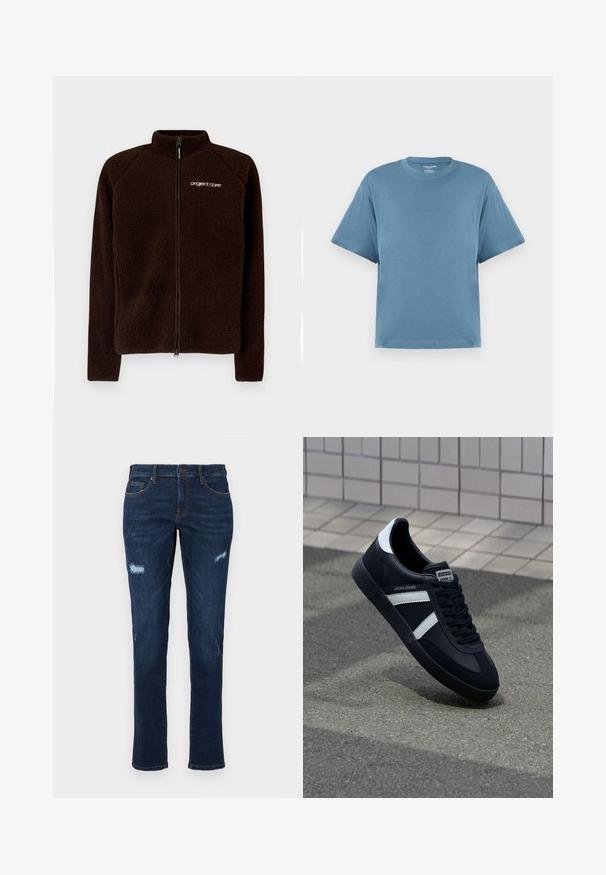 Hnedá fleecová bunda s vysokým golierom, plným zipsom na prednej strane a decentným logom na hrudi. Mäkka, textúrovaná tkanina s priliehavým strihom.; Modrá krátkorychlá pánska tričko, vyrobené z bavlny, s okrúhlym výstrihom a voľným strihom. Hladká textúra, minimalistický dizajn, bez vzorov alebo akcentov.; Tmavomodré džínsy s rovnými nohavicami, so zničenými otvormi na kolenách, tradičnými vreckami a viditeľným kontrastným šitím.; Čierne kožené tenisky s bielymi pruhmi, textúrovanou gumovou podrážkou a šnurovaním vpredu. Obsahujú označenie značky na jazyku.