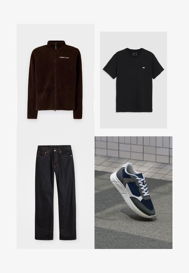 Brun hettejakke med høy krage, full glidelås foran og subtilt logo på brystet. Myk, strukturert stoff med en tettsittende passform.; Svart bomulls t-skjorte med korte ermer, rund halslinning, har en liten hvit Levi's-logo på brystet, glatt tekstur, klassisk passform.; Men's straight-leg svarte denim jeans med fem lommer og oransje søm, knapp og glidelås lukking foran på midjen.; Sneakers med en navy blå mesh-overdel, grå sømværk, hvit gummisåle og flate hvite snører, designet for komfort og pusteevne.