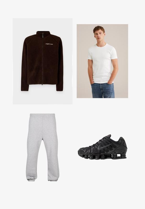 Giacca in fleece marrone con colletto alto, full zip frontale e logo discreto sul petto. Tessuto morbido e strutturato con una vestibilità aderente.; Giovane uomo con capelli ricci corti che indossa una maglietta bianca a maniche corte e jeans blu, in piedi con le mani nelle tasche.; Pantaloni della tuta grigi realizzati in misto cotone, dotati di una vita elasticizzata, gambe affusolate e orli a costine. Design semplice senza motivi.; Scarpa sportiva nera con un upper in mesh e sintetico, caratterizzata da un design rigato, lacci e una suola spessa con unità di ammortizzazione visibili.