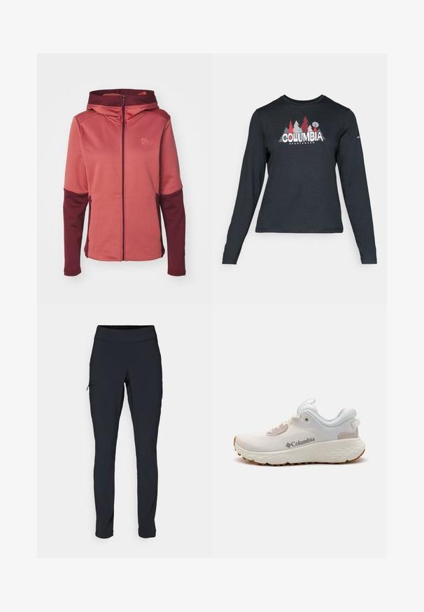 Kapuutšiga jakker roosa ja marooni gradatsiooniga, mis sisaldab lukkude sulgemist, tekstureeritud kangast ja küljetaskuid. Rinnas embleem.; Pikend varrukatega tumehall särk, millel on punaste puude ja mägede graafika; "COLUMBIA" logo julge valge tekstiga. Pehme kangas, tavaline ümmargune kaelus.; Mustad mustad sportpüksid kitsaste lõikega, elastse vöökoha ja küljetaskuga, millel on tõmblukk. Sile, veniv kangas minimaalsete õmblustega.; Kerged Columbia spordijalanõud valgest võrgust, millel on tekstureeritud hall tall ja kummist haardepind. Omaduseks on polsterdatud krae ja nööridega kinnitussüsteem.