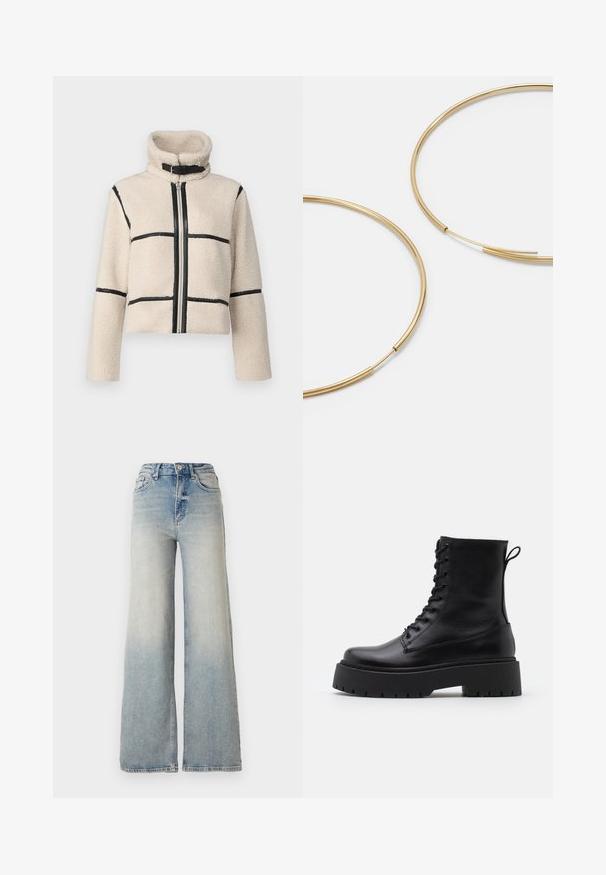 JDY JDYFROSTY SHORT JACKET - Ziemas jaka - birch; Vero Moda VMNEWCREAM FUNNELNECK PULLOVER - Džemperis - black/birch; Gai zilu platā kāja džinsi, kas izgatavoti no denima, ar augstu jostasvietu, piecām kabatām un redzamu dūrienu gar šuvēm.; Melni ādas potītēm zābaki ar apļveida purngalu, auklām priekšpusē un biezu gumijas zoli ar teksturētu protektoru. Velkšanas cilpa aizmugurē.; Zelta krāsas auskari gredzena formā, plāni un apaļi, ar gludu metāla apdari un bez rotājumiem vai zīmējumiem.