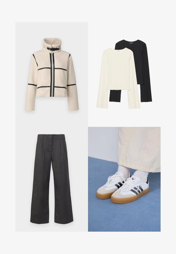 JDY JDYFROSTY SHORT JACKET - Žieminė striukė - birch; Dviejų ilgomis rankovėmis marškinėlių rinkinys, baltas ir juodas. Raukšlėta tekstūra, apvalus kaklas, prigludusi forma su šiek tiek platėjančiomis rankovėmis.; Juodi placūs kelnių modeliai, pasižymintys aukštu juosmeniu, priekinių raukšlių ir subtiliomis kišenėmis. Lygus audinys su švariu apdirbimu.; Baltos sportbačiai su noir juostomis ir šviesiai rudos zomšos akcentais. Yra tekstūruota gumos padas ir plokščiomis baltomis raištelėmis, dėvimi su šviesiai spalvotomis kojinėmis.