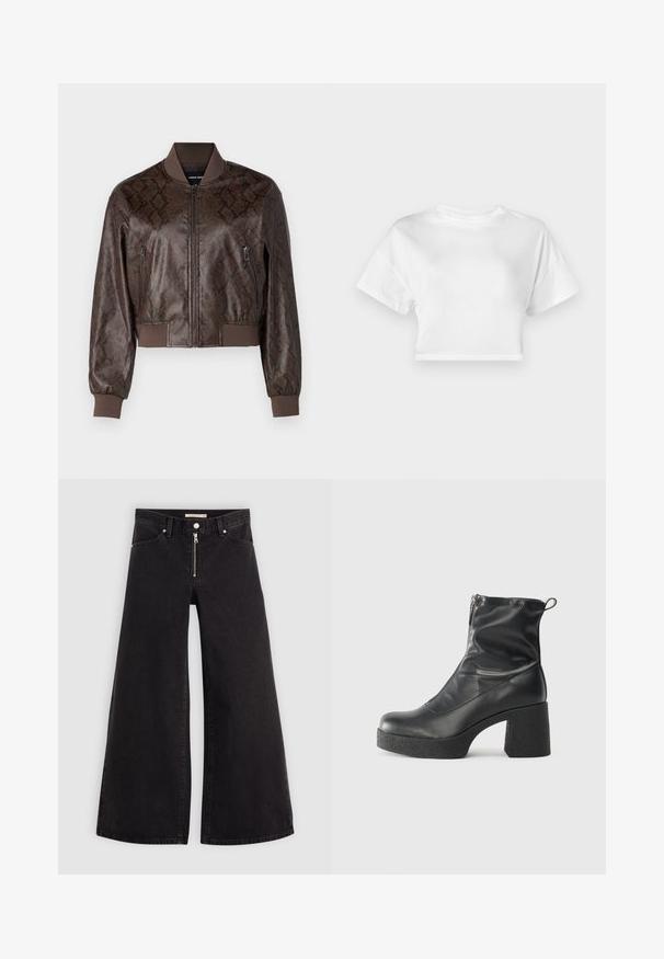 Brown faux leather bomber jacket with a snake print pattern, ribbed collar, cuffs, and hem, featuring two front zip pockets.; White cropped t-shirt made of cotton. Short sleeves, round neckline, smooth texture, casual design without patterns or embellishments.; Wide-leg jeans in black denim with a zippered front, five-pocket design, and subtle stitching details. Smooth texture and casual style.; Black ankle boots made of smooth leather, featuring a side zipper, chunky textured heel, and rounded toe design.