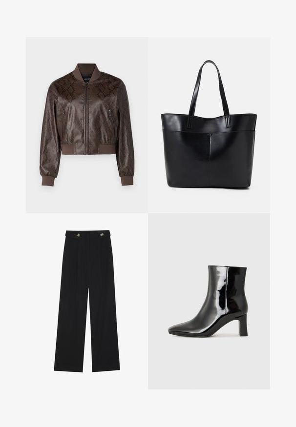 Jaqueta bomber de couro falso castanho com padrão de pele de cobra, com gola, punhos e barra canelados, apresentando dois bolsos frontais com zíper.; Duas blusas de mangas longas, uma preta e uma branca, ambas com decote quadrado e feitas de um tecido macio e elástico.; Calças largas pretas com cintura alta, detalhes em botão na cintura e pregas frontais.; Botim de tornozelo em pele sintética preta com bico apontado e salto bloco de altura média. Textura suave e design minimalista.; Bolsa tote preta em couro com duas alças longas, textura suave e forma estruturada. Apresenta um bolso frontal para armazenamento adicional.