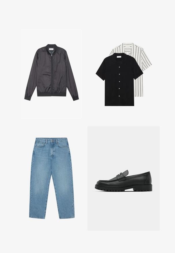 Jachetă bomber neagră, fabricată dintr-un material ușor și neted, cu închidere cu fermoar, guler, manșete și tiv ribate; are buzunare laterale.; Două cămăși cu mânecă scurtă: una complet neagră, iar cealaltă albă cu dungi verticale negre. Ambele au închidere cu nasturi și un guler clasic.; Blugi din denim albastru deschis, cu croială dreptă, design cu cinci buzunare și o textură ușor decolorată. Se închid cu buton și fermoar.; Mocasini din piele neagră cu vârful rotunjit, având un design cusut, talpă joasă și o talpă din cauciuc texturat, cu crampoane.