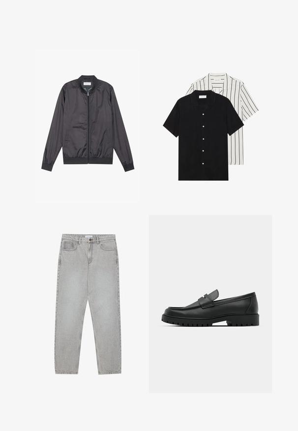 Mustan laukkuvaatteet, joka on tehty kevyestä ja sileästä materiaalista, jossa on vetoketjusulkeminen, ribbireunat kauluksessa, hihoissa ja helmassa; siinä on myös sivutaskut.; Kaksi lyhythihaista puseroa: yksi yhtenäinen musta, toinen valkoinen mustilla pystyraitoilla. Molemmissa on napitus ja klassinen kaulus.; Vaaleanharmaat farkut, joissa on suora lahje, viisi taskua ja nappisulku. Saumojen varrella näkyvä ompelu.; Musta nahkaloafers, joissa on pyöreä kärki, ommeltu pinta, matala alusta ja kuvioitu, kuminen ulkopohja.