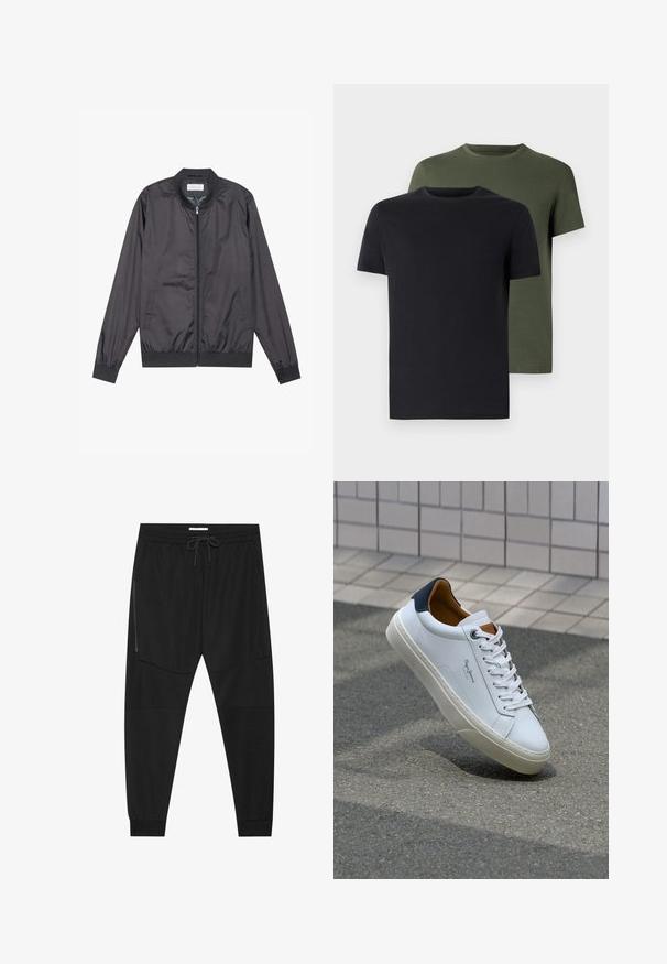 Jachetă bomber neagră, fabricată dintr-un material ușor și neted, cu închidere cu fermoar, guler, manșete și tiv ribate; are buzunare laterale.; Două tricouri cu guler rotund, unul negru și unul verde măsliniu, realizate dintr-un material de bumbac moale. Designul este simplu, cu mâneci scurte și tăietură dreaptă.; Pantaloni atletici negri dintr-un material texturat, cu un talie ajustabilă, buzunar lateral cu fermoar și mansete tapered.; Adidași din piele albă cu călcâi bleumarin, vârf rotund și accente contrastante de culoare maro. Dispun de șireturi plate și talpă din cauciuc texturat.