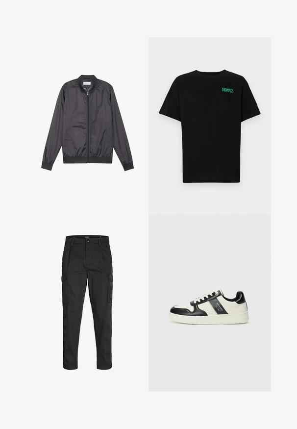 Mustad must jacket, mis on valmistatud kergest ja siledast materjalist, lukuga kinnitamine, ribiga krae, mansetid ja alläär; külgedel on taskud.; Must t-särk, mis on valmistatud puuvillast, lühikeste varrukatega. Esipaneelil on roheline "ROOTS" logo, ümmargune kaelus ja tavapärane lõige.; Mustad mustapõlvik, mis on valmistatud tugeva koe kasutades, sisaldab mitmeid taskuid, nupule kinnitatav sulgemine ja kitsenev disain.; Nahatud nahkkingad musta ja kreemi värviskeemiga, millel on perforeeritud aktsendid, pehme krae ja tekstureeritud tallad.