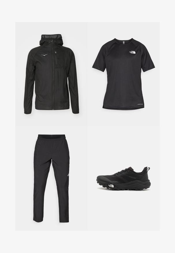 Must olnud kerge must jope, mis on valmistatud tekstureeritud kangast, millel on lukuga esiosa, kapuuts ja väike rinna-tasku logoga aktsent.; Must mustreening, lühikeste varrukatega sportpoliis, millel on tekstuuriga kangas, valge logo vasakul rinnal ja sirge äär.; Mustad mustreid spordipüksid, millel on elastne vöökoht, valmistatud kergest kangast, sisaldades väikest logot sääre alumises osas ning sirget koostisosade kujundust.; Must tume jooksujalats musta värvi, tekstuurse ülemise osaga, kummist tallaga ja tugevdatud varbaga. Omab pehmendusega krae ja tõmblinti mugavaks selga panemiseks.