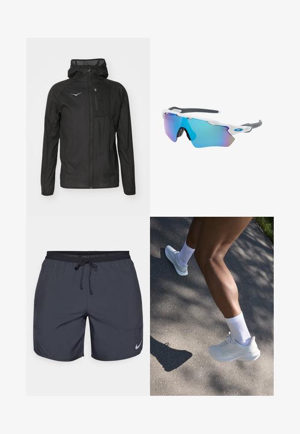 Zwarte lichtgewicht jas gemaakt van gestructureerde stof, met een rits aan de voorkant, een capuchon en een kleine borstzak met een logo-accent.; Witte mouwloze Nike hardlooptop met een ronde hals, een gladde textuur en een zwart Nike-logo op de bovenste linkerborst.; Nike hardloopshorts in donkergrijs, met een elastische tailleband en een trekkoord, en een zilveren logo-accent op de onderkant van het rechterbeen.; Witte sportschoen met gestructureerde bovenkant, veters en een gevoerde zool, gecombineerd met witte enkelsokken, op een achtergrond van grijze bestrating.; Zonnebril met een wit frame, grijze accenten en blauwe spiegelglazen. Sportief ontwerp, omhulde vorm en verstelbare neuspads.