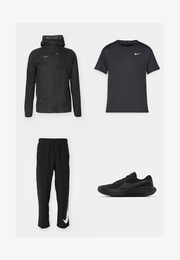 Mustat kevyet takki, joka on valmistettu teksturoidusta kankaasta, ja siinä on vetoketjullinen etuosa, huppu ja pieni rintatasku, jossa on logo-akkentti.; Musta Nike juoksupaita, joka on valmistettu kevyestä ja hengittävästä materiaalista. Paidassa on lyhyet hihnat ja pieni valkoinen logo rinnassa.; Mustat urheiluhousut, joissa on joustava vyötärö, kapeneva muotoilu ja suuri valkoinen Nike-logo vasemmassa lahkeessa. Pehmeä, kevyt kangas.; Mustat urheilukengät, joissa on teksturoitu verkko-yläosa, nauhakiinnitys, paksu pohja ja näkyvä musta Nike-swoosh-logo sivulla.
