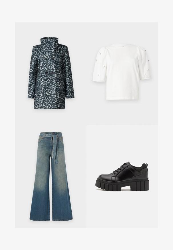 Leopard-print coat in shades of teal and black, with a high collar, double-breasted front, and two large buttons. Smooth texture.; White cotton t-shirt with short puff sleeves, featuring small silver embellishments along the sleeves. Classic round neckline, relaxed fit.; Wide-leg denim trousers featuring a light to dark blue gradient, high waist, belt loops, and a matching fabric belt. Textured denim finish.; Black leather platform shoes with a chunky block heel, round toe, and traditional lace-up design. Features smooth texture and minimal detailing.