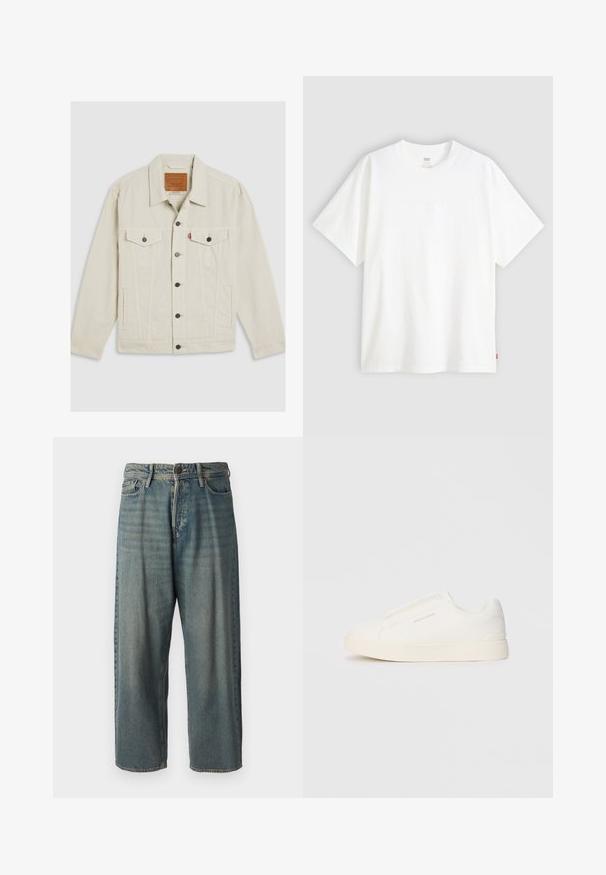 Svijetlosmeđa traper jakna s ovratnikom, gumbima sprijeda, dva džepa na prsima i kontrastnim tamnim gumbima. Ima vertikalne šavove.; Bijela kratka majica od pamuka s okruglim izrezom. Sadrži suptilni reljefni logo detalj sprijeda i crvenu oznaku na rubu.; Svijetloplave traperice s širokim krojem, srednjim pojasom i ravnim nogavicama. Ima pet džepova, petlje za remen i kopčanje na gumb.; Bijele slip-on tenisice s teksturiranom površinom, debelim đonom i minimalističkim dizajnom. Sadrže logo branda sa strane.