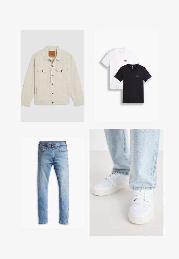 Helebeež džinsjak kraega, nuppudega esifassaad, kaks rinnahoidjat ja kontrastsed tummised nupud. Omab vertikaalseid õmblustead.; Kaks lühikeste varrukatega t-särki: üks valge ja teine must. Mõlemad on valmistatud puuvillast ning rinnal on punane Levi's logo. Lihtne ümar kaelus.; Heledad sinine teksapüksid, sirge lõikega disain, viie taskuga, nööpkinnitus ja mõõdukas pleekimine kogu kangas.; Valged nahast madala profiiliga spordijalatsid, millel on perforatsiooniga varvas, lame paelad ja minimalistlik disain. Koos helesiniste teksadega.