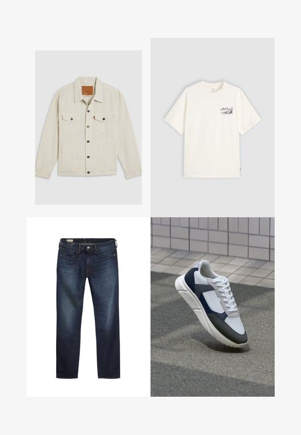 Svijetlosmeđa traper jakna s ovratnikom, gumbima sprijeda, dva džepa na prsima i kontrastnim tamnim gumbima. Ima vertikalne šavove.; Bijela majica s kratkim rukavima od pamuka, s crnim grafičkim dizajnom na lijevoj strani prsnog dijela s riječju "Fresh."; Tamno plave traperice s ravnim nogavicama, pet džepova, lagano izbjeljivanje na bedrima i metalno dugme za zatvaranje u struku.; Bijela, mornarsko plava i siva tenisica s dizajnom od miješanih materijala, koja ima teksturirani gornji dio, ravne vezice i udoban đon.