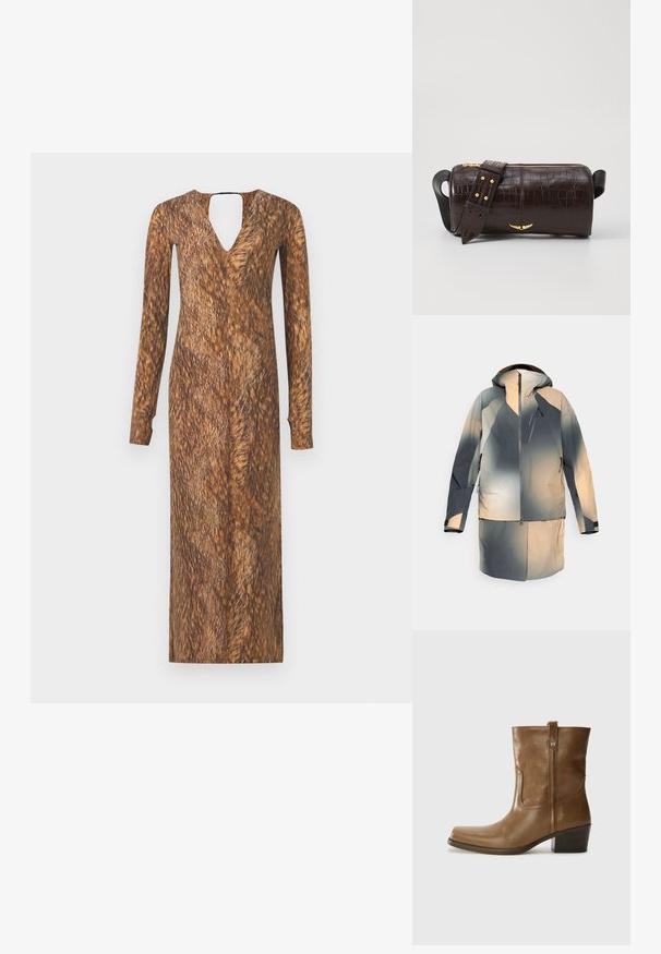 Vodootporna jakna u nijansama sive i bež, sa kapuljačom, patentnim zatvaračem sprijeda i džepovima, te dizajnom s gradijentom boja.; Duga haljina s dugim rukavima, V-izrezom i izrezom na leđima, s krznenom smešnom smeškom i uzorkom kroz tkaninu.; Smeđa kožna cipela do gležnja sa četvrtastim vrhom, teksturiranim finišem i niskim složenim potpeticom. Ima stražnju petlju za navlačenje i suptilne detalje šivanja.; Smeđa torba od kože s embosiranim krokodilskim uzorkom, cilindričnog oblika, zlatne hardverske detalje i odvojivu naramenicu sa čavlima.