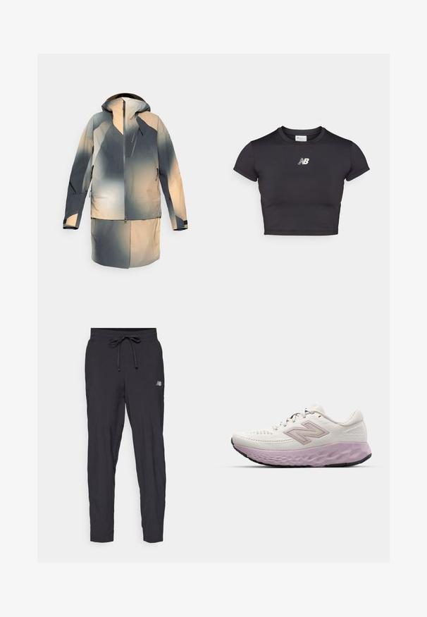 Waterproof jacket in shades of gray and beige, featuring a hood, zippered front and pockets, and a color gradient design.; Black cropped athletic t-shirt with short sleeves, made of stretchy fabric. Features a white logo on the front, rounded neckline, and a fitted design.; Black track pants made of lightweight material with an elastic waistband and adjustable drawstring. Features a small logo on the side.; Lightweight running shoe in white mesh with a pink midsole. Features a textured sole and side logo, designed for comfort and support.