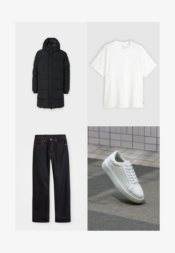 Jack & Jones EBRADLEY LONG - Téli kabát - black; Fehér, rövid ujjú pamut póló, kerek nyakkivágással. Az elülső részen finom, domború logós részlet található, valamint egy piros cimke az alsó szegélyen.; Férfi egyenes szabású fekete farmernadrág öt zsebbel és narancssárga varrással, gombos és cipzáros záródással elöl.; Fehér bőr sportcipő sima felülettel, kerek orral és lapos fehér fűzőkkel. Texturált gumitalppal és minimális dizájnelemekkel rendelkezik.