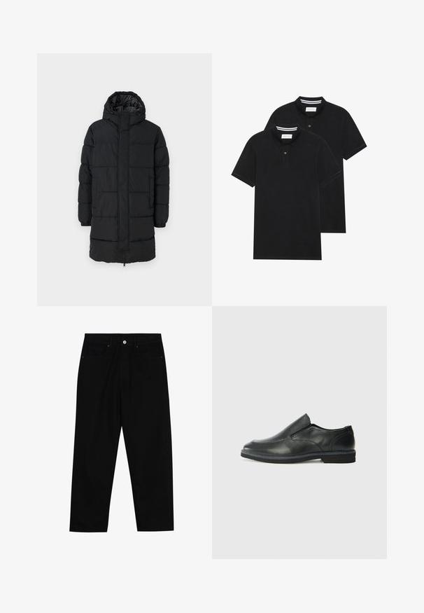 Jack & Jones EBRADLEY LONG - Vinterkåpe / -frakk - black; To svarte polo skjorter, kortermet, i bomullsmateriale, med krage i klassisk stil, to-knapps knappestolpe, og hvite striper inni kragen.; Sorte denimbukser med rett benklipp, fem-lomme design og frontknappåpning. Jevn tekstur med minimale sømdetaljer.; Sorte skinn slip-on sko med en jevn overflate, stikking detaljer, rund tå og en lav gummihæl. Sålen har minimal mønstring.