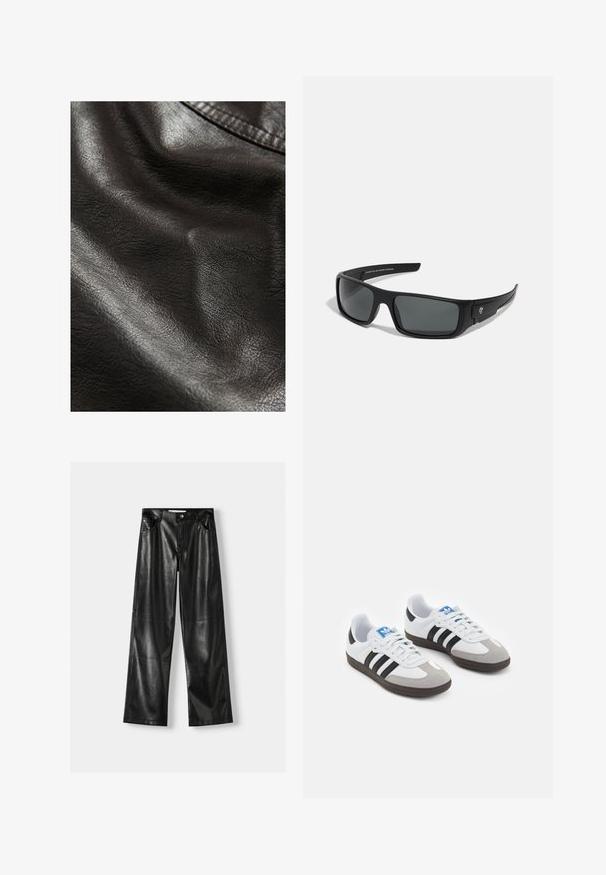 Cuir synthétique noir avec une surface texturée, présentant des plis subtils et un éclat lisse, indiquant flexibilité et douceur.; Deux hauts à manches longues : un noir et un blanc. Tous deux présentent un col rond et une texture lisse et côtelée. Étiquette de la marque visible à l'intérieur du col.; Pantalons larges en cuir noir avec une texture brillante, comportant deux poches avant, une fermeture à bouton et des détails de couture visibles.; Baskets avec une tige en cuir blanc, un bout en daim gris et trois bandes noires. Présente un logo bleu sur la languette et une semelle en caoutchouc texturée.; Lunettes de soleil noires avec une monture rectangulaire, des verres gris foncé et une finition en plastique lisse. Accent de logo remarquable sur le côté.; Sac en nylon noir à l'épaule avec une forme incurvée, accent en chaîne argentée, pochette mini amovible et bandoulière ajustable ; présente le logo "Steve Madden".