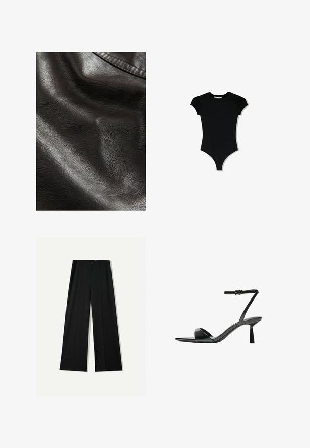 Černá umělá kůže s texturovaným povrchem, s jemnými záhyby a hladkým leskem, což naznačuje pružnost a jemnost.; Černý body s krátkým rukávem, kulatým výstřihem a vysokými rozparky na nohavicích, vyrobený z hladkého, elastického materiálu.; Bershka WIDE - Kalhoty - black; Bershka Sandály na vysokém podpatku - black