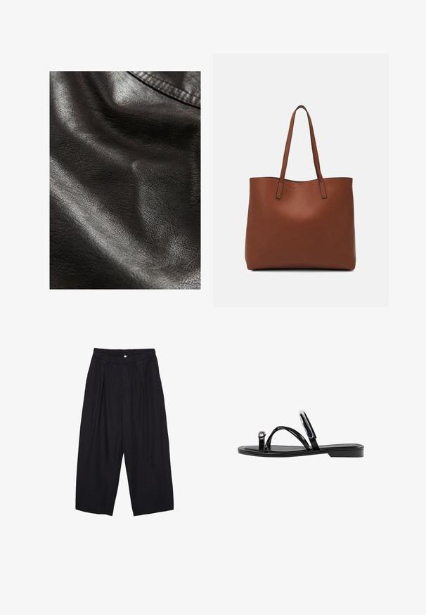 Cuir synthétique noir avec une surface texturée, présentant des plis subtils et un éclat lisse, indiquant flexibilité et douceur.; Top court sans manches noir en tissu lisse, avec un col rond et un design épuré, simple, sans motifs ni accessoires.; Pantalon culotte noir en polyester avec une taille élastique, deux plis avant et une silhouette ample. Pas de motifs visibles ni de détails matériels.; Sandales noires plates avec une finition brillante, trois fines lanières et un détail en métal circulaire au niveau des orteils. Design épuré avec un talon minimal.; Sac fourre-tout en cuir marron avec une texture lisse, design à ouverture supérieure et deux poignées pour le porter à l'épaule. Présente des coutures minimales et aucun matériel visible.