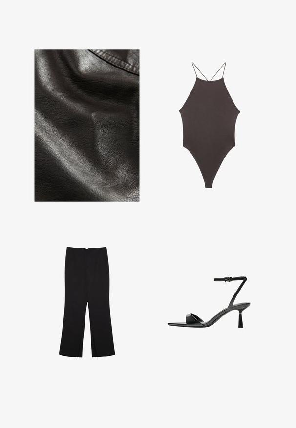 Čierna umelá koža s textúrovaným povrchom, obsahujúca jemné ryhy a hladký lesk, naznačujúca flexibilitu a mäkkosť.; Hnedé, vysoký krk jednodielne plavky s tenkými, nastaviteľnými ramienkami; s vysokým strihom na nohách a hladkým povrchom. Bez vzorov alebo ozdôb.; Čierne nohavice so strihom rovného strihu, s prednými vreckami a bočnými rozparkami na leme. Vyrobené z mäkkej, hladkej tkaniny. Vhodné na rôzne príležitosti.; Bershka Sandále na vysokom opätku - black