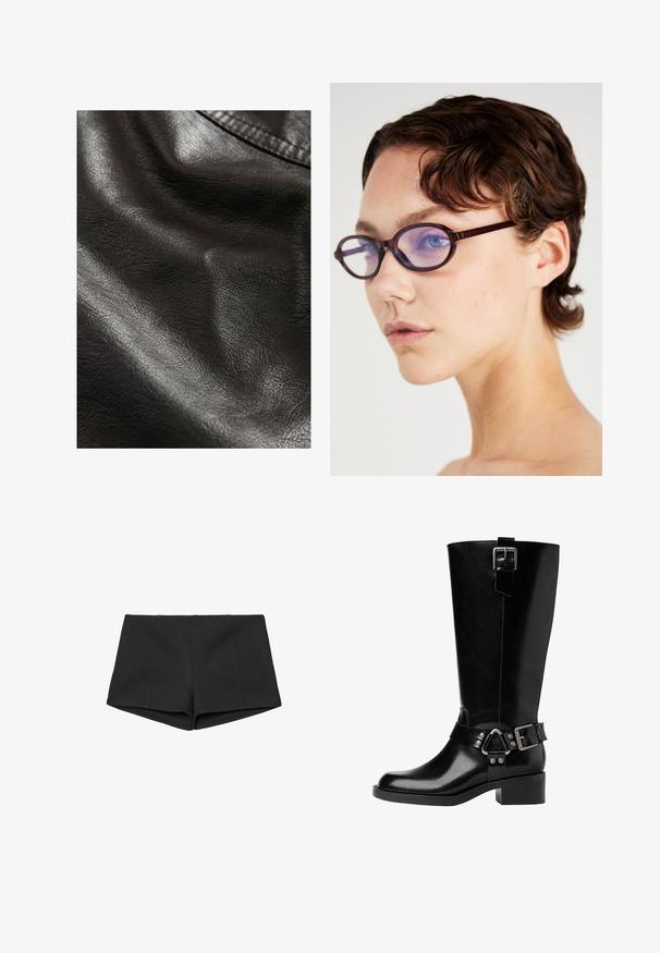 Črn umetni usnjeni material z teksturirano površino, ki vsebuje rahle gube in gladek sijaj, kar kaže na fleksibilnost in mehkobo.; Črno-bela prugasta skrajšana majica, rebraste teksture, kratki rokavi s valovitimi robovi, okrogla izreza, sproščena prileganje.; Črne hlače iz teksturiranega materiala, z visokim pasom in oprijetim dizajnom ter sprednjimi šivi. Brez vidnih žepov ali zaponk.; Črne usnjene hlačne škornje do kolen z zaobljenim nosom, debelim petam, nastavljivim pasom s kovinskimi detajli in sijočim zaključkom.; Brahne, ovalni okvir očal s prozornimi vijoličnimi lečami; eleganten dizajn in gladka tekstura. Nošena na osebi s kratkimi, valovitimi lasmi.; Črna usnjena torbica z dvema podolgovatima ročajema, z zadrgo in zaobljeno obliko; gladka tekstura z rahlo sijočim zaključkom.