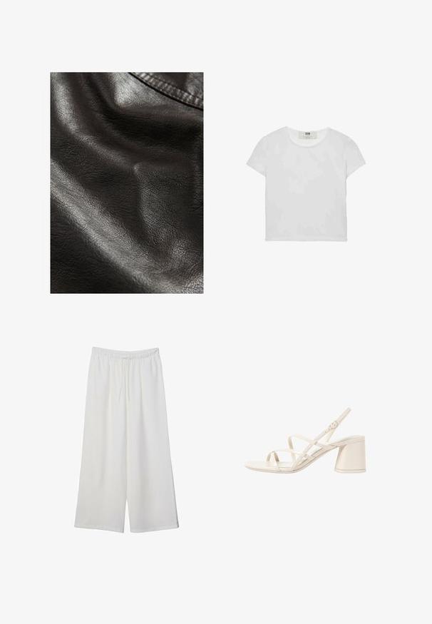 Crna umjetna koža s teksturiranom površinom, koja sadrži suptilne nabore i glatki sjaj, što ukazuje na fleksibilnost i mekoću.; Bijela majica kratkih rukava s okruglim izrezom, izrađena od mekanog pamuka, s jednostavnim, čistim dizajnom bez vidljivih uzoraka ili akcenta.; Bijele hlače širokog kroja izrađene od lagane tkanine, s elastičnim pojasom i vezicom za prilagodljivu veličinu. Glatka tekstura.; Bežne sandale s petom u bež boji s tankim, ukrštenim trakama, otvorenim nožnim prstima i kvadratnim blok petom. Glatki patentirani finiš, podesiva remenica oko gležnja.