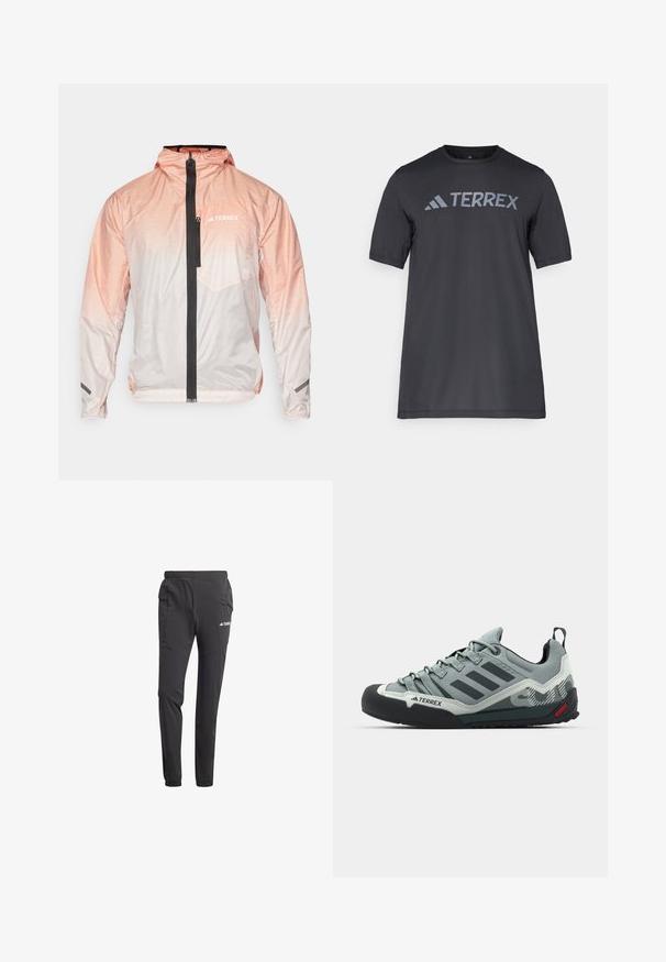 Lightweight pink gradient jacket with a black front zipper, adjustable hood, and a chest pocket. Features textured material and logo accent.; Black short-sleeve t-shirt made of lightweight fabric, featuring a light gray “TERREX” logo across the chest and a crew neckline.; Black athletic pants made of lightweight fabric, featuring an elastic waistband, side pockets, tapered legs, and a logo detail.; Gray climbing shoes featuring a textured upper, black rubber toe cap, three dark stripes, and a small red accent on the sole.