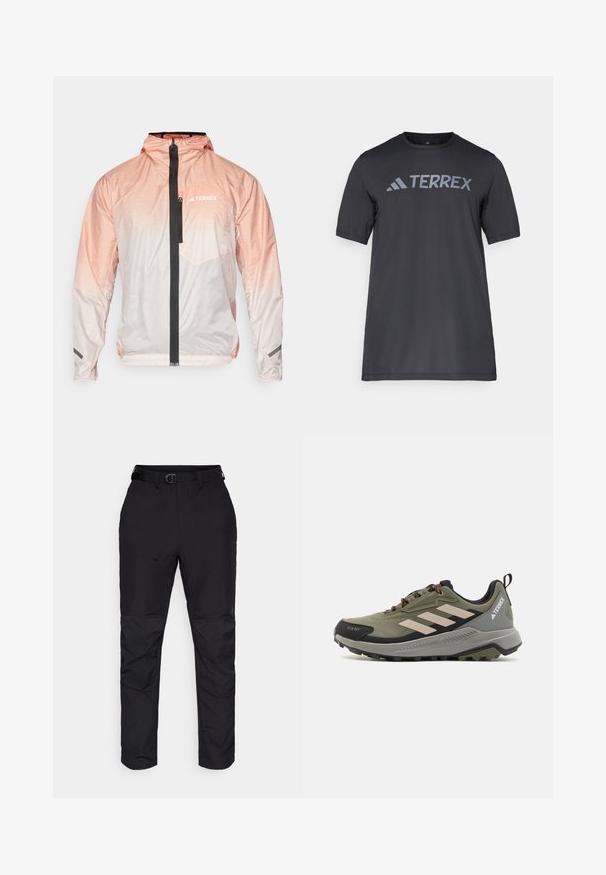 Lett rosa gradient jakke med svart frontglidelås, justerbar hette og brystlomme. Har teksturert materiale og logoaccent.; Svart t-skjorte med kort erm laget av lett stoff, med en lys grå "TERREX" logo på tvers av brystet og rund hals.; Sorte bukser laget av slitesterk stoff med rett snitt. Funksjoner inkluderer en midjebånd med belte og teksturerte detaljer på nederste del av bena.; Trail løpesko i olivengrønn med svarte detaljer. Har tre hvite striper, teksturert stoff og en robust såle for godt grep.