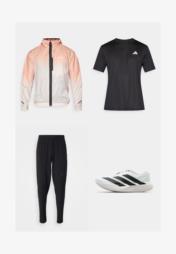 Lagani pink gradijent jakna s crnim prednjim zatvaračem, podesivom kapom i džepom na prsima. Sadrži teksturirani materijal i naglasak s logotipom.; Crna sportska majica od laganog mrežastog materijala, s kratkim rukavima i bijelim logotipom na lijevoj strani prsa.; Crne sportske hlače s elastičnim pojasom, suženim dizajnom, bočnim džepovima i suptilnim logotipom. Izrađene od fleksibilne, prozračne tkanine.; Lagane tenisice za trčanje u svijetloplavoj boji s crnim trakama. Imaju glatku gornju površinu, okrugli vrh i debeli bijeli srednji sloj označen "LIGHTSTRIKE PRO."