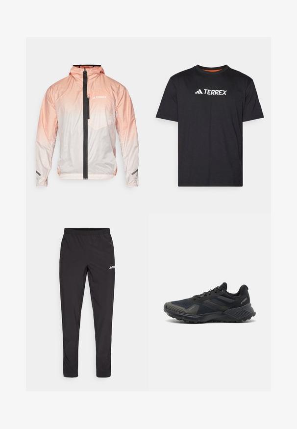 Chaqueta ligera de color rosa degradado con cremallera frontal negra, capucha ajustable y bolsillo en el pecho. Presenta un material texturizado y un acento de logo.; Camiseta de manga corta negra, fabricada en tejido suave, con un escote redondo y el logo blanco "TERREX" en el pecho.; Pantalones deportivos negros con cinturilla elástica, dos bolsillos laterales con cremallera y un logo en la parte superior de la pierna derecha. Tela suave y ligera.; Zapatillas deportivas negras con una parte superior de malla texturizada, suela de goma y notables acentos grises en la puntera y los paneles laterales. Diseño de talón reforzado.