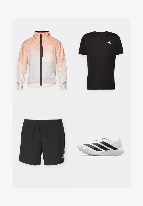 Lekka kurtka w różowym gradiencie z czarnym zamkiem z przodu, regulowanym kapturem i kieszenią na piersi. Posiada teksturowany materiał oraz akcent logo.; Czarna bawełniana koszulka z krótkim rękawem, okrągłym dekoltem i białym logo na lewej piersi. Gładka tekstura i prosty design.; Czarne spodenki sportowe z elastycznym paskiem w talii, bocznymi rozcięciami i odblaskowymi akcentami logo. Wykonane z lekkiego, gładkiego materiału.; Lekkie buty do biegania w jasnoniebieskim kolorze z czarnymi pasami. Posiadają gładką cholewkę, okrągły nosek oraz grubą białą podeszwę środkową oznaczoną "LIGHTSTRIKE PRO."