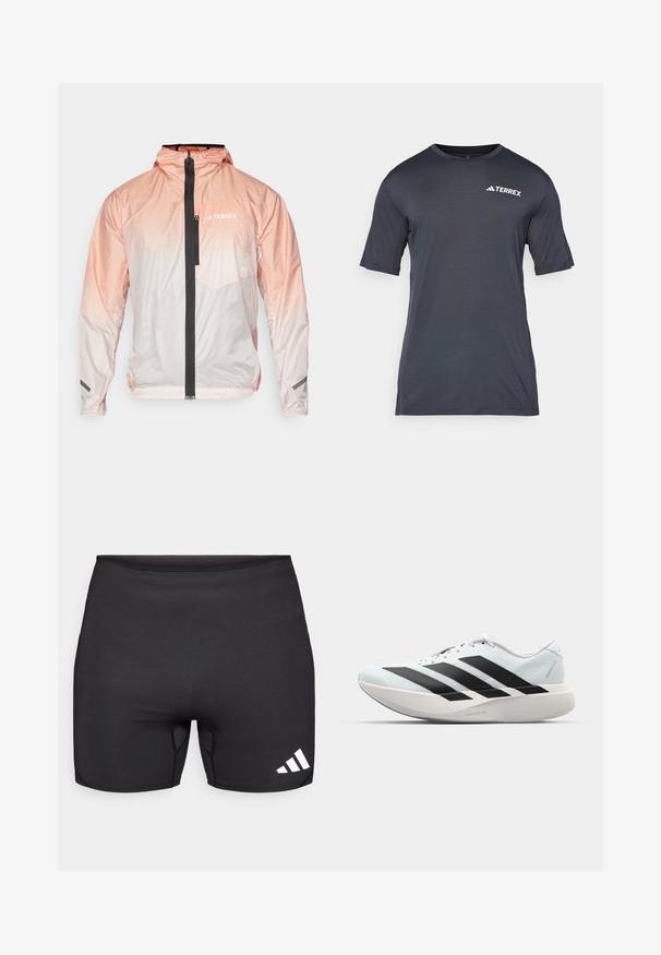 Lightweight pink gradient jacket with a black front zipper, adjustable hood, and a chest pocket. Features textured material and logo accent.; Dark gray short-sleeve t-shirt made from lightweight, breathable material. Features a round neck and a white "TERREX" logo on the front.; Black athletic shorts made of stretch fabric, featuring a snug fit, flatlock seams, and a white three-stripe logo on the lower right side.; Lightweight running shoes in pale blue with black stripes. Features a smooth upper, round toe, and thick white midsole labeled "LIGHTSTRIKE PRO."