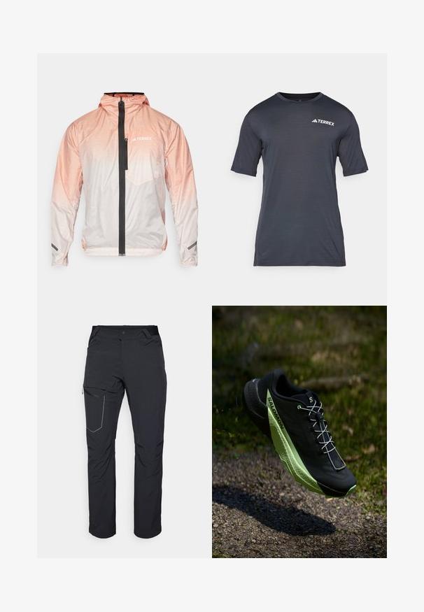 Lahka jakna v roza gradientu s črnim zadrgo na sprednji strani, nastavljivo kapuco in žepom na prsih. Ima teksturiran material in akcent z logotipom.; Temno siva majica s kratkimi rokavi, izdelana iz lahkotnega in zračnega materiala. Ima okrogel ovratnik in bel logotip "TERREX" spredaj.; Črne zunanje hlače z žepom na stegnu z zadrgo, elastičnim pasom in gladkim, vodoodpornim materialom. Čist dizajn brez vidnih logotipov.; Črne tekaške čevlje z teksturirano površino in zelenimi poudarki. Imajo lahko zasnovo in edinstven, patterned podplat za oporo.