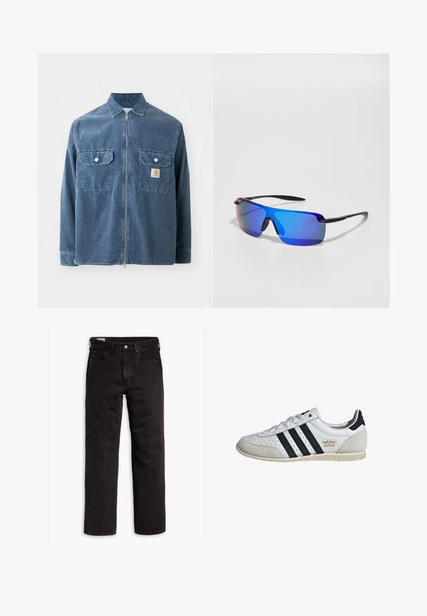 Carhartt WIP REYNOLD - Suvejakk - dusky blue; Valge puuvillane t-särk lühikeste varrukatega, ümmargune kaelus ja peene Levi'si logo trükituna keskel. Pehme tekstuur ja standardne istuvus.; Mustad sirgedega teksapüksid viie taskuga, nööpidega kinnitamine ja vöökohaga, lamab tasasele valgele taustale.; Valged spordijalatsid mustade ribade ja kuldse logo'ga. Omab sametist ja nahast materjale, augulist ülemist osa ja tekstureeritud kummist tallat.; Sportlikud prillid musta raamiga, siniste peegeldavate läätsedega, nurkadega kujuga ja kummist ninasillaga, mis tagab parema haarde. Läätsedes on gradient varjund.